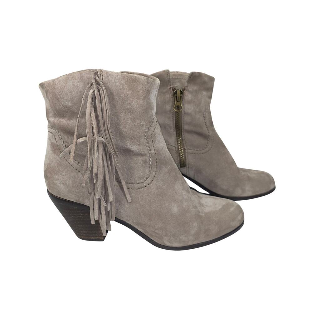 SAM EDELMAN LOUIE TAUPE SUEDE FRINGE ANKLE BOOT – WOMEN’S SIZE 10 – 3" HEEL